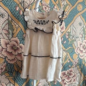 H&M White Ruffled Dress with Black Embroidery